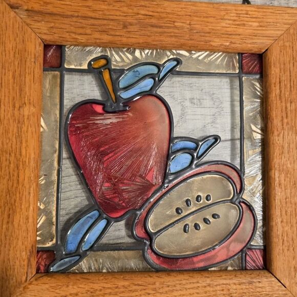 Vintage Stained Glass Apple Window Panel Hanging Sun Catcher Wood Frame - Picture 2 of 8